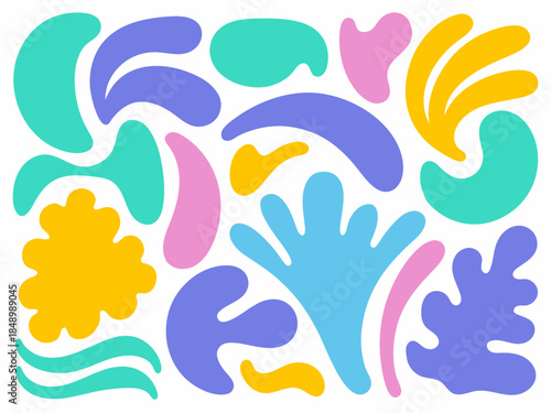 A dynamic composition of colorful abstract organic shapes in a biomorphic art style