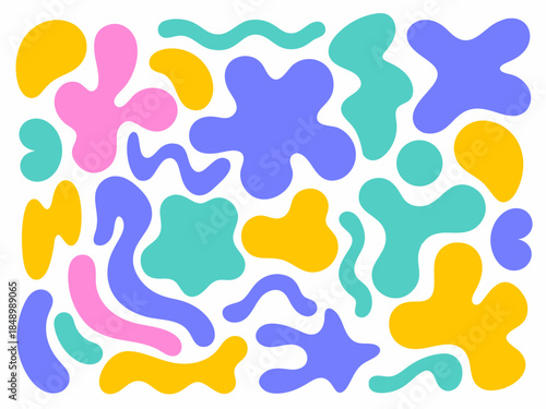 Abstract amoeba shapes in vibrant colors create a playful retro pattern on a white background