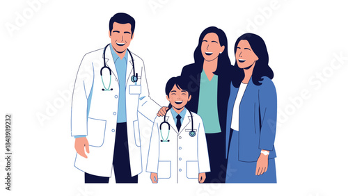 Family Doctor's Day: An illustration captures a heartwarming scene of a family with two mothers and their child. Both mothers, alongside their child, are embracing their doctor and his empathy. 