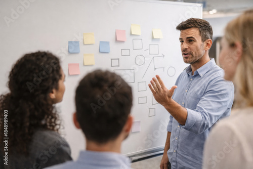 Businessman presenting ideas to colleagues in modern office setting