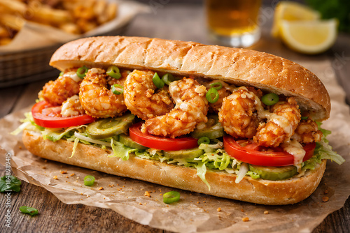 Delicious shrimp po' boy sandwich on rustic wooden table