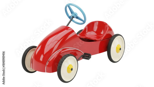 Isolated red pedal car toy with blue steering wheel, vintage plaything for kids, child
