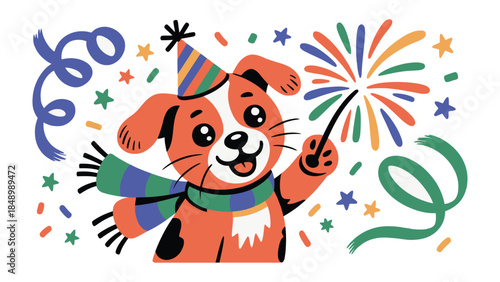 Puppy's Festive Celebration: A cheerful illustration of a cute puppy joyfully celebrating with a party hat and a sparkler, surrounded by celebratory decorations.