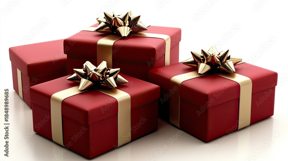 Fototapeta premium Two beautiful red gift boxes with shiny golden ribbons sit on a light background, perfect for a festive occasion or celebration