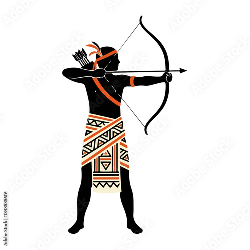 Traditional archer drawing a bow in ceremonial attire.