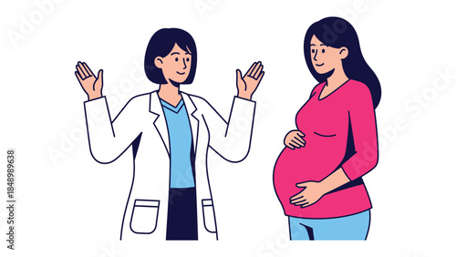 Maternity Checkup Illustration: An illustrated scene portrays a doctor engaged in a compassionate consultation with a pregnant woman, creating a sense of trust, and the anticipation of new life. 