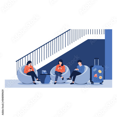 Travelers waiting seated with luggage in lounge.