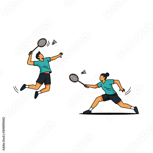 Two badminton players in action during a game.