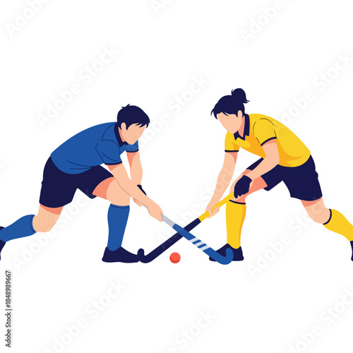 Two Opposing Field Hockey Players in Action.