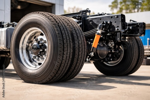 Close-up of a commercial truck chassis showcasing its robust tires and suspension system.