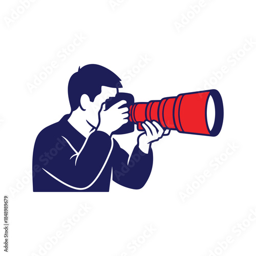 Photographer with Red Telephoto Lens Holding Camera.
