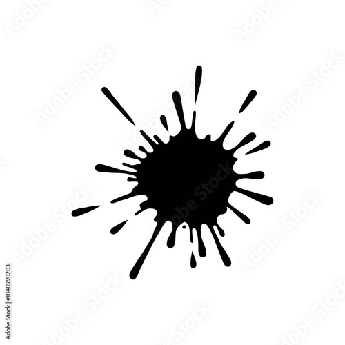 Black radial paint splash vector. Starburst ink splatter silhouette isolated on white background for high-contrast grunge and artistic designs.