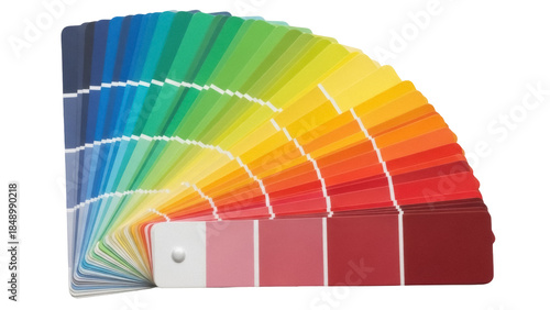 Isolated array of vivid color paint chips displayed in a fan shape for palette choice guide