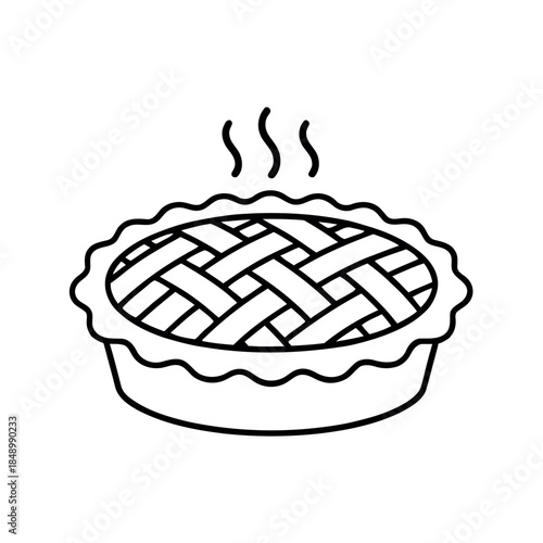 Freshly baked pie outline vector. Minimalist lattice crust pastry icon with steam isolated on white for coloring and bakery branding.