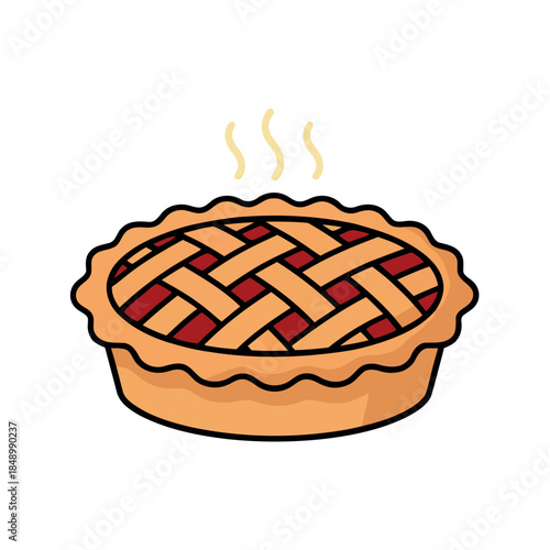 Freshly baked pie vector illustration. Delicious lattice crust pastry with red fruit filling and steam isolated on white for bakery branding.