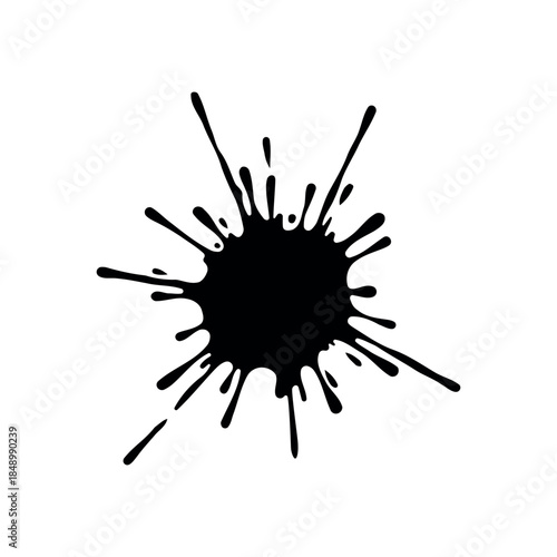 Black ink splatter with sharp spikes. Dynamic paint splash silhouette isolated on white background for aggressive and edgy graphic design.