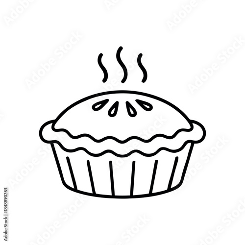 Steaming whole pot pie in a baking dish, hand-drawn black and white vector outline icon with steam lines.