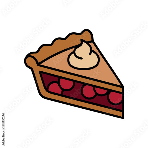 Tableau sur toile Hand-drawn color vector illustration of a fruit pie slice with rich red filling and a dollop of whipped cream