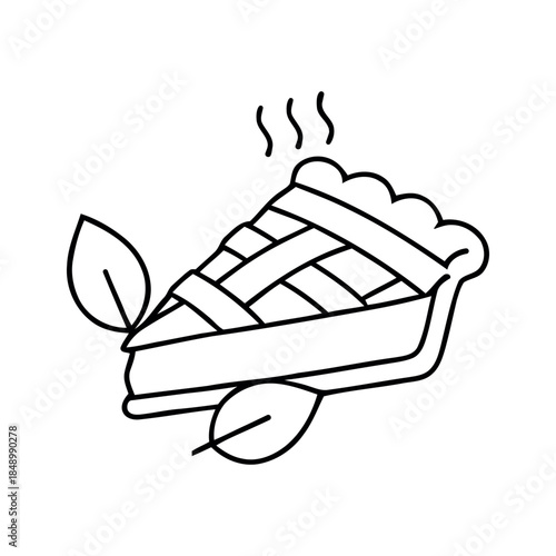 Hand-drawn black and white vector outline of a steaming pie slice with a lattice crust and decorative leaves.