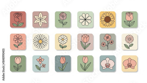 A comprehensive collection of 18 flat vector flower icons designed as mobile app buttons with rounded corners; featuring various botanical species including roses, tulips, sunflowers, daisies, lilies.