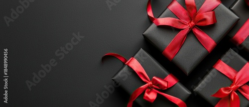 Black and red gift boxes with elegant ribbons sit neatly on a background that enhances their festive appearance and allure