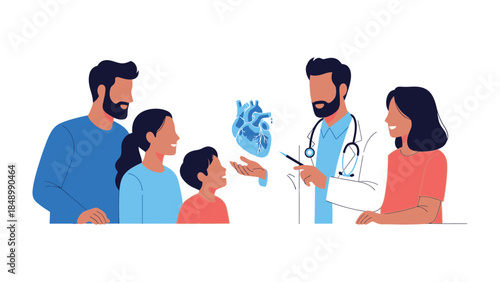 Health Consultation: A medical professional engages in a thoughtful discussion with a family, illustrating the concept of cardiovascular health with a detailed diagram.