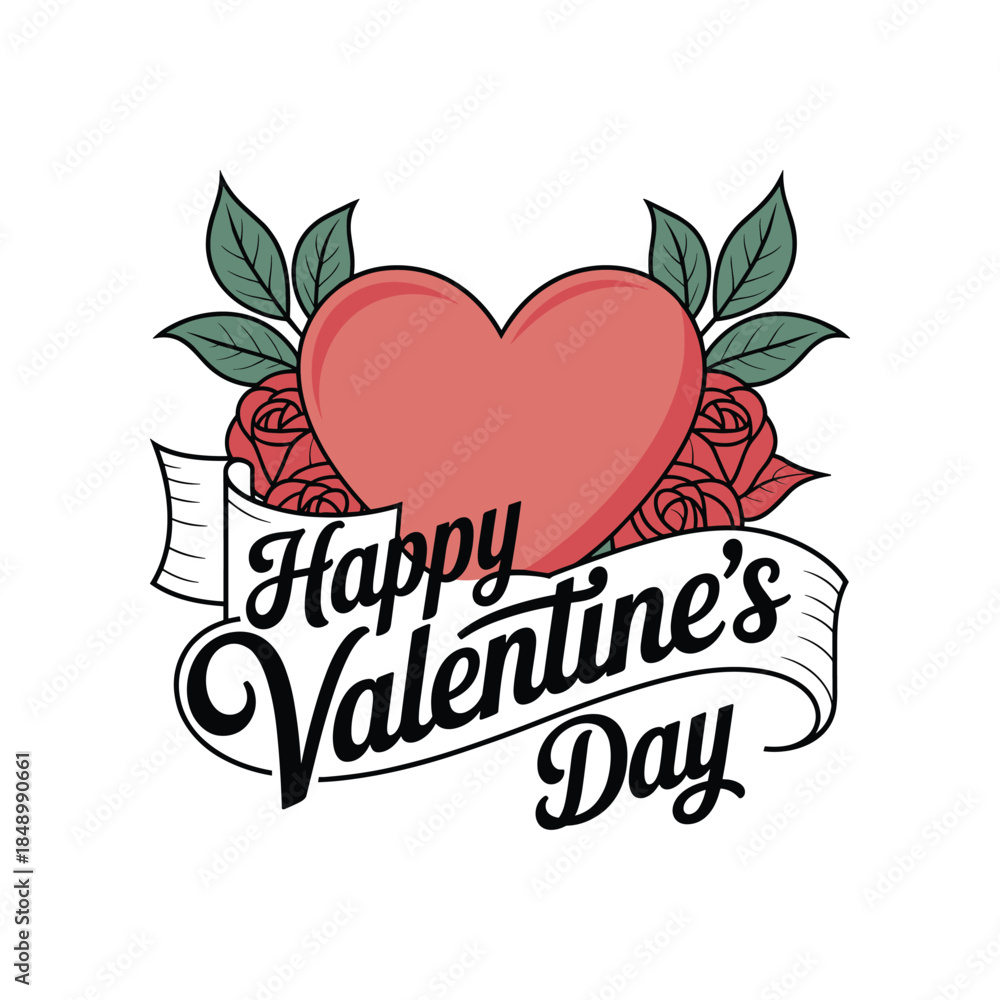 Obraz premium Happy Valentine’s Day Hand Drawn Typography with Heart and Floral Elements