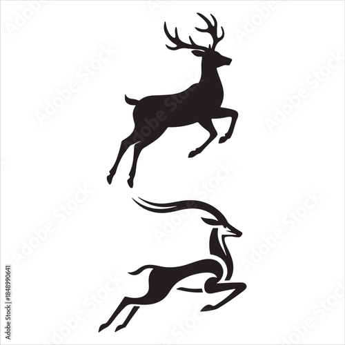 This image displays two black silhouettes of leaping animals on a plain white background. The top figure is a large deer or stag with prominent antlers. The bottom figure depicts a more slender 