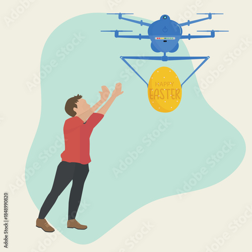 Drone Delivering Easter Egg to Man. Flying Robot Delivering Gift to Person Flat Vector.