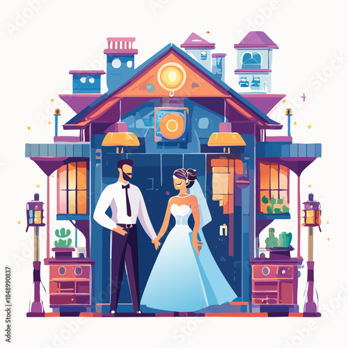 Stylized illustration of a bride and groom holding hands in front of a building.