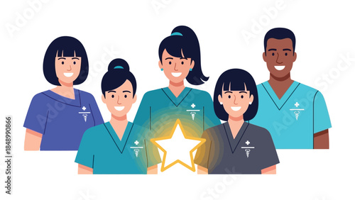 Healthcare Heroes: Illustrative image of healthcare workers, radiating warmth and professionalism, united by a shared dedication to caring for others. 