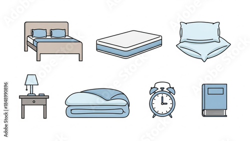 This vector set features a minimalist collection of bedroom icons including a bed, mattress, pillows, nightstand, folded duvet, alarm clock, and book. Styled with clean black outlines.