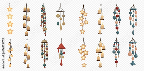 Set of decorative hanging ornaments with stars, candles, and colorful beads for festive decoration.