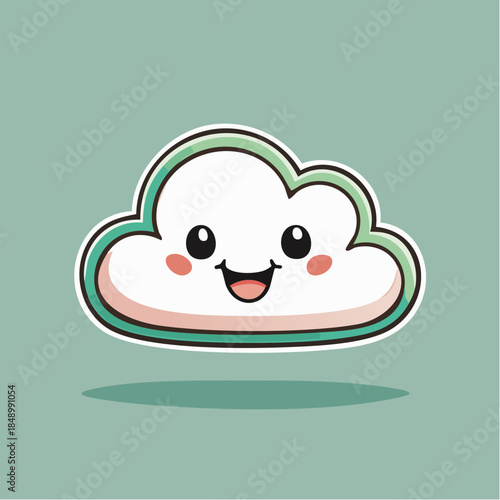 Cute cartoon cloud with a happy face, rosy cheeks, and a green outline on a light green background.