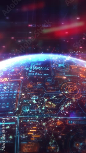 Planet earth rotating showing data analysis and HUD interface in cyberspace