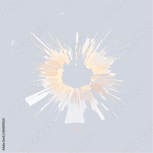 Abstract burst of light emanating from a central ring on a gray background.