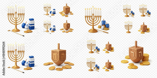 Set of Hanukkah holiday elements including menorah, dreidel, candles, and gelt coins for celebration.