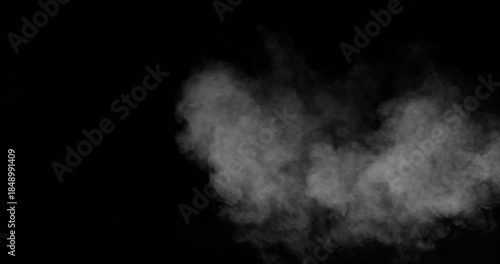Super slow motion smoke effect of visible breath exhalation in icy conditions, filmed at 500 fps on a high-speed camera. Isolated on black background, ideal as realistic VFX overlay.
