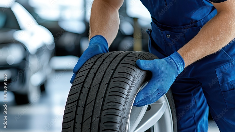 Fototapeta premium A person carefully checks a car tire in an auto service area, focusing on safety and maintenance for optimal vehicle performance