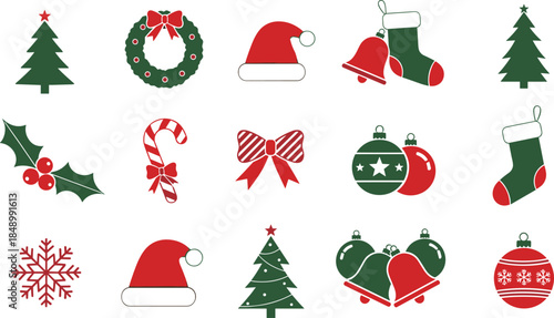 Christmas Holiday Icon Set: Festive Collection with Trees, Wreaths, Ornaments, Holly, and Santa Hats for Seasonal Design Elements