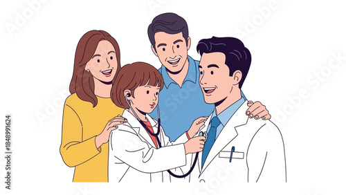 Family's Healthy Future: A caring medical doctor examines a young child, accompanied by their parents, highlighting the importance of family health and proactive medical care.