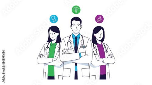 Healthcare Professionals: An illustration of a determined medical team, embodying unity and expertise, standing shoulder to shoulder with crossed arms. Each figure is a symbol of healing.