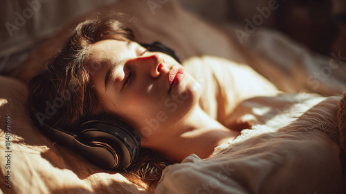 A woman listening to music while lying on a bed with sunlight on her face. The image gives off a sense of tranquility and relaxation