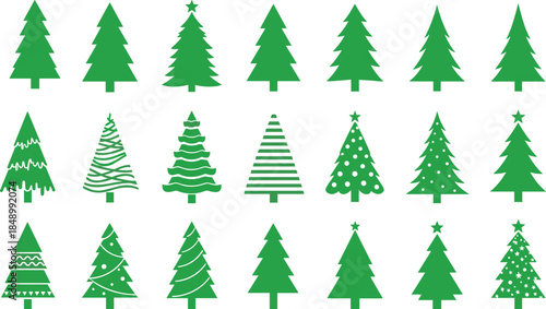Christmas Tree Set Collection: Diverse Styles of Green Holiday Pine Trees Including Minimalist, Ornate, and Decorated Designs Vector