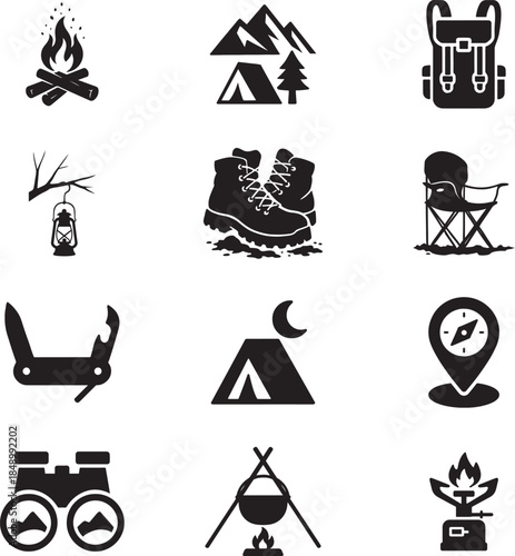 Outdoor camping icon set in EPS vector format for travel guides, adventure apps, and prints.