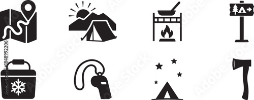 Camping icon set in EPS vector style, ideal for outdoor, travel, adventure, and nature designs.