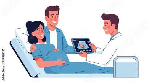 Ultrasound Reveal: A scene of joyful anticipation unfolds as a couple, radiant with excitement, share a special moment with a medical professional, focusing on a monitor displaying an ultrasound.