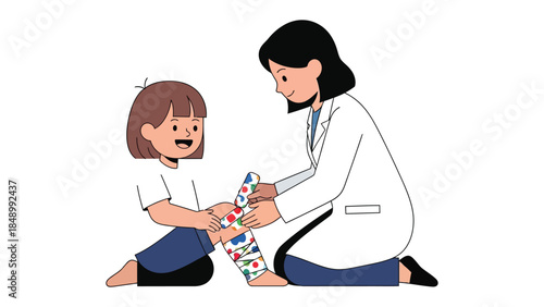 Caring for Child's Wound: A caring pediatrician tending to a child's injury, gently applying a patterned bandage with a nurturing touch