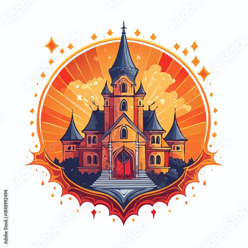 Cartoon illustration of a spooky castle with a vibrant orange background.
