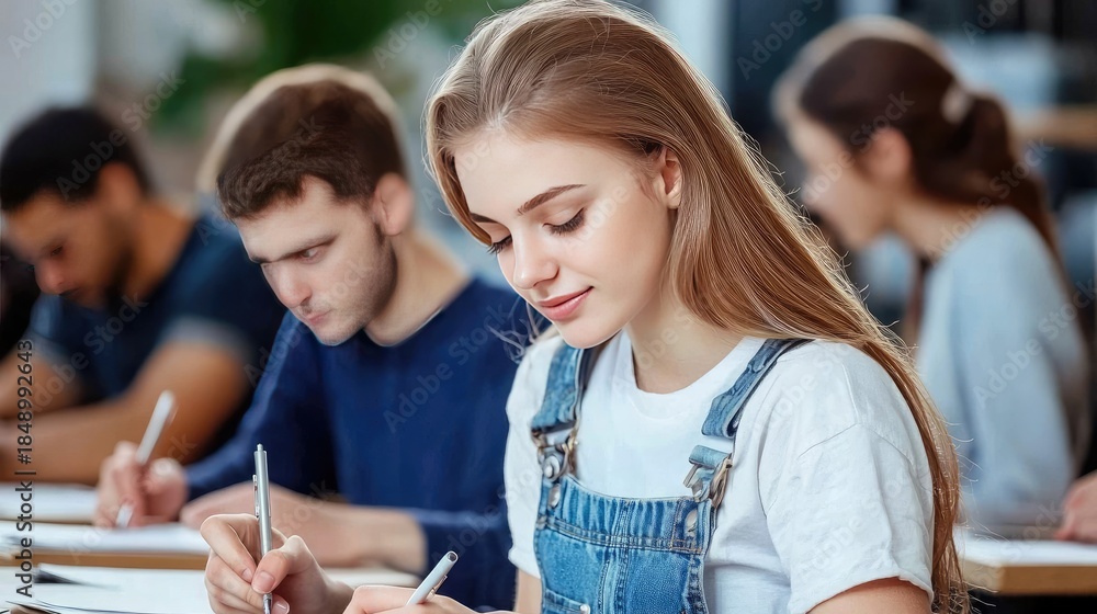 Obraz premium A group of students sits at desks, writing in notebooks as they concentrate on their assignments during class time